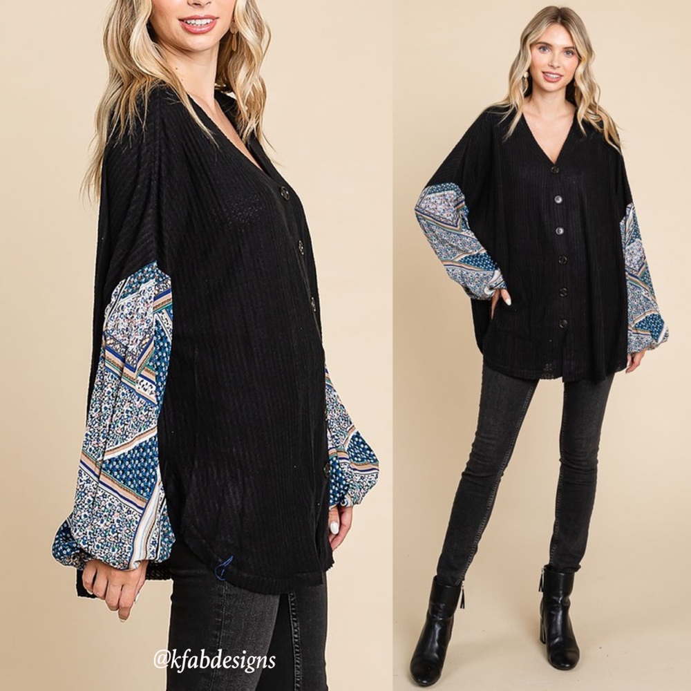 LAST 1! Boho Balloon Sleeve Black/Blue Waffle Knit Oversized Button Down Top - Picture 3 of 7